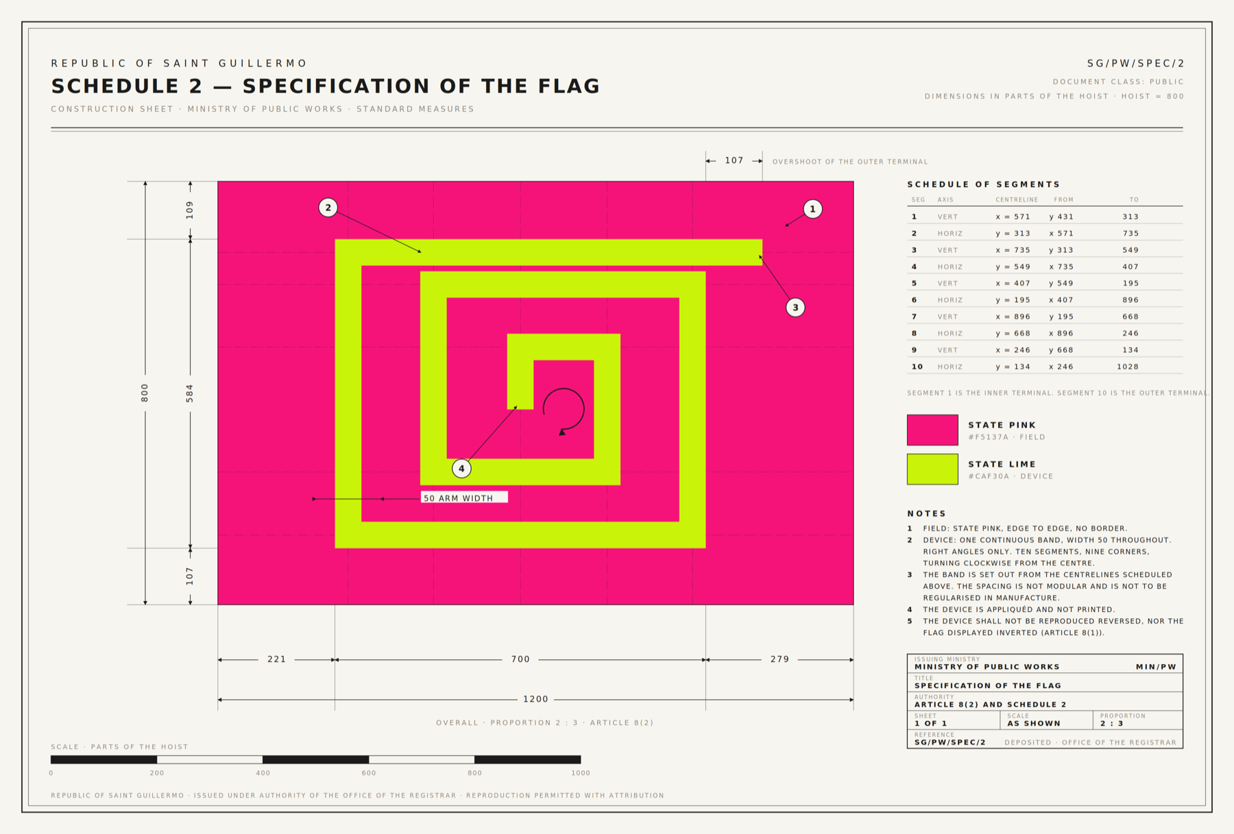 Construction sheet SG/PW/SPEC/2: the flag of the Republic set out in parts of the hoist, with the schedule of segments